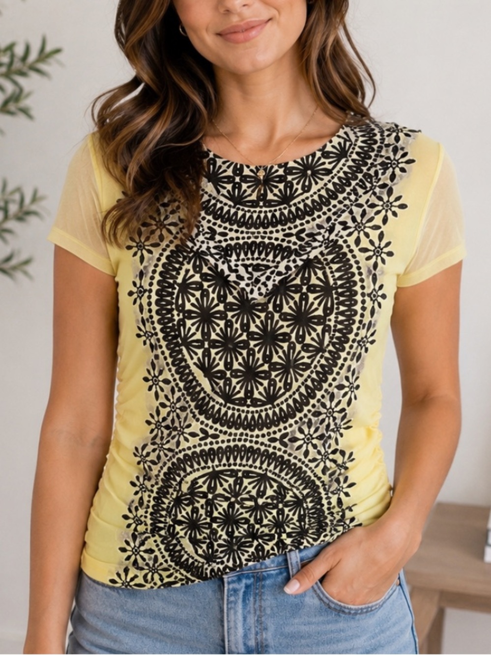 Vintage Y2K INC International Concepts Yellow Mesh Floral Top Size S Whimsigoth